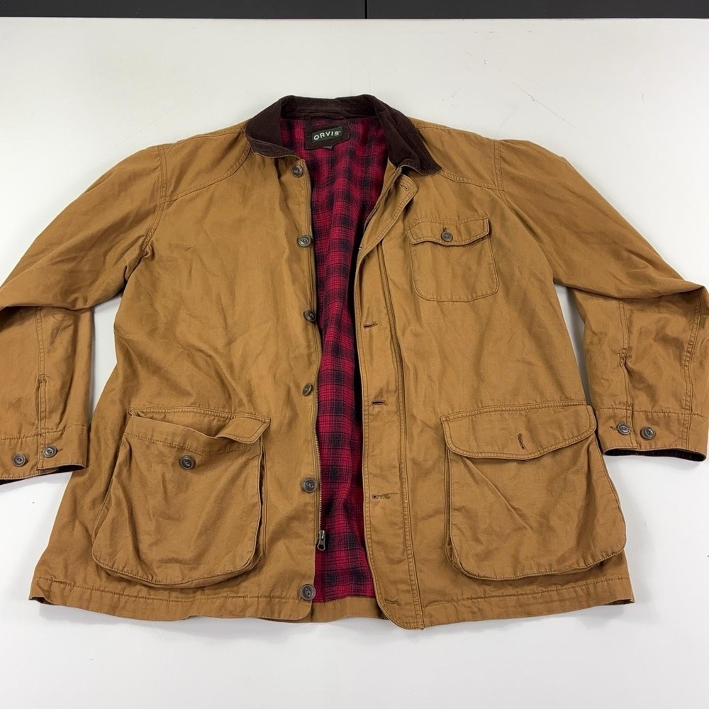 Orvis Jacket Mens 2XL Brown Canvas Field Jacket Plaid Lined Full Zip Workwear